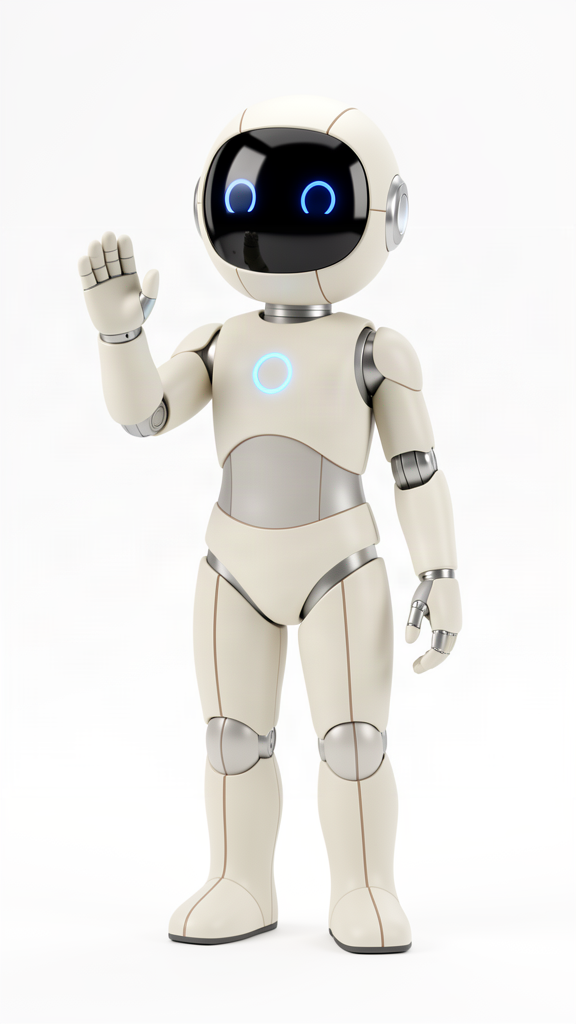 James, a friendly robot, waving hello