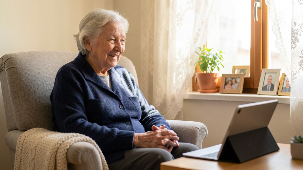 An older woman sitting by a window, talking